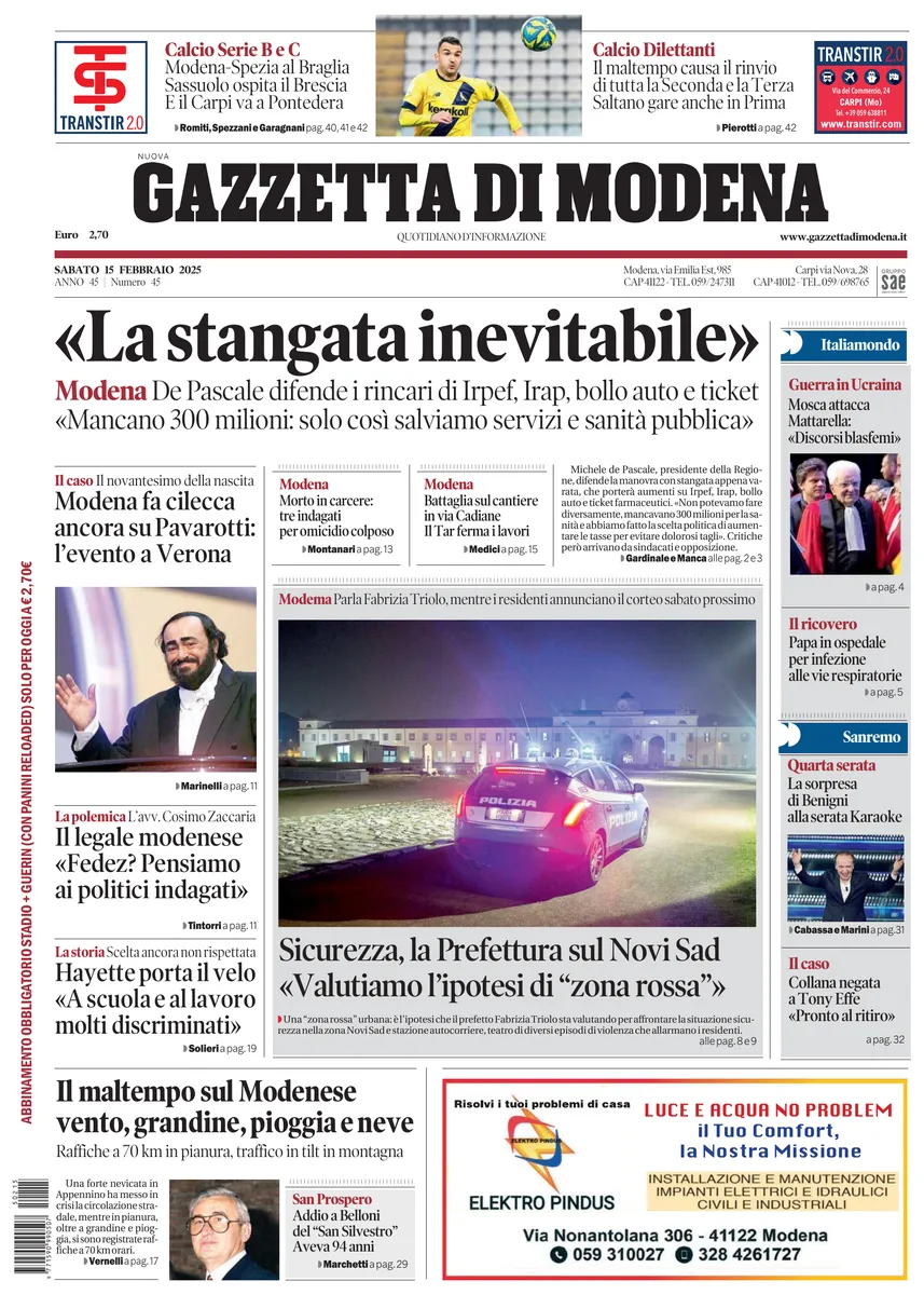 Prima-pagina-gazzetta di modena-oggi-edizione-del-2025-02-15